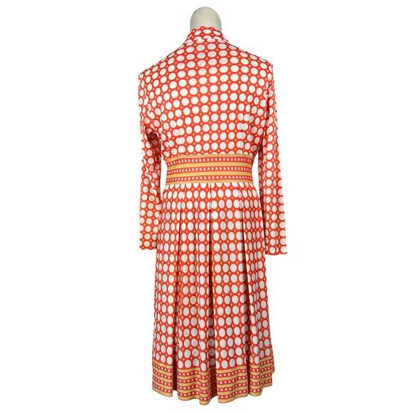 Vintage 70s Orange Polka Dot Collared Long Sleeve Front Zip Retro Midi Dress S - Picture 3 of 7